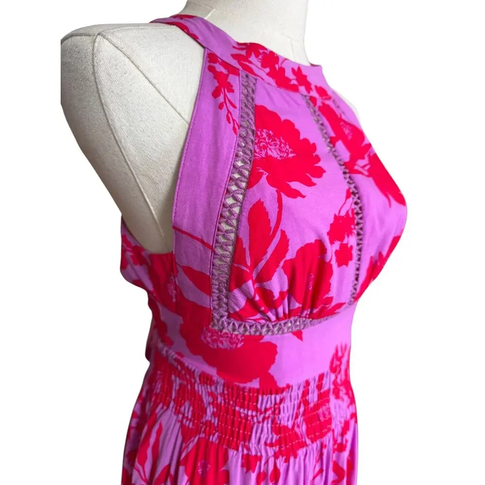 ABEL THE LABEL Anthropologie NEW Pink Red Floral Halter Maxi Dress XS Sleeveless - Picture 8 of 10